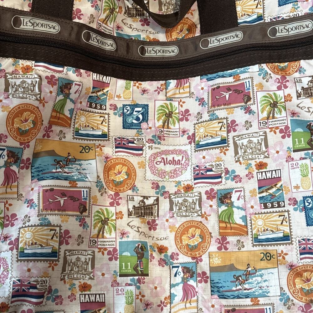 LeSportsac Hawaii Postage Stamp LE Large Weekender Duffle Bag Brown Trim